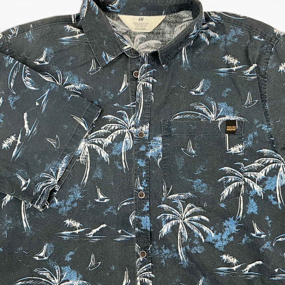 HM Boys Tropical Palm Tree Sailboat Button Down Shirt Black Blue Beach Size 18